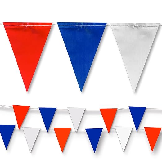 Red&Blue&White Pennant Banner Flags | OSHA 500lb Rated | Strand Fade Resistant 【408FT】