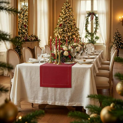 D'Moksha Homes Linen Table Runner 14 x 90 Inch - 100% Pure Linen Classic Hemstitch Red Table Runner - Machine Washable Farmhouse Table Runner for Christmas Decor, New Year
