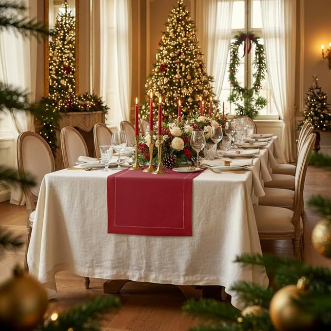 D'Moksha Homes Linen Red Table Runner 144 Inches Long - 100% Pure Linen Extra Long Table Runner 14 x 144 Inch for Winter, Christmas, Holiday - Classic Hemstitch