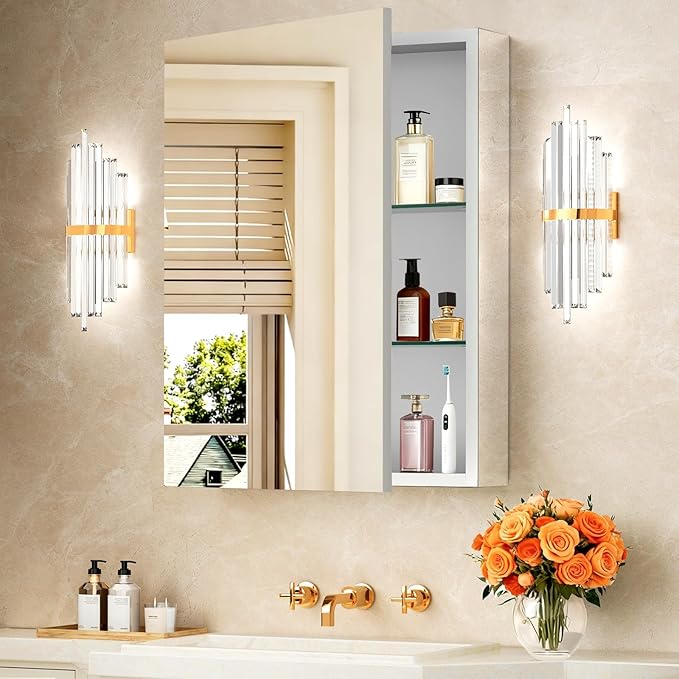 Bathroom Medicine Cabinet with Mirror, 20x26 Recessed or Wall Mirror Medicine Cabinet with Storage Adjustable Glass Shelves, Beveled Edge Mirrored Door with Aluminum Cabinet Hinges