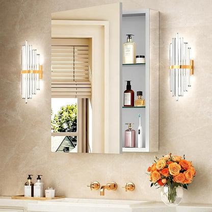 Bathroom Medicine Cabinet with Mirror, 20x26 Recessed or Wall Mirror Medicine Cabinet with Storage Adjustable Glass Shelves, Beveled Edge Mirrored Door with Aluminum Cabinet Hinges