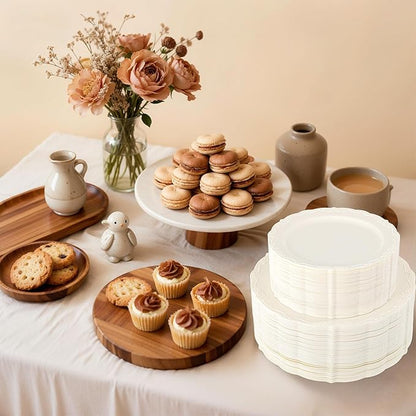 U-QE 100 Pieces Ivory Thanksgiving Plastic Plates for Party - Ivory Disposable Plastic Plates - Heavy Duty Disposable Platos Including 50 Dinner 10 '' & 50 Dessert 7.5 '' for Thanksgiving