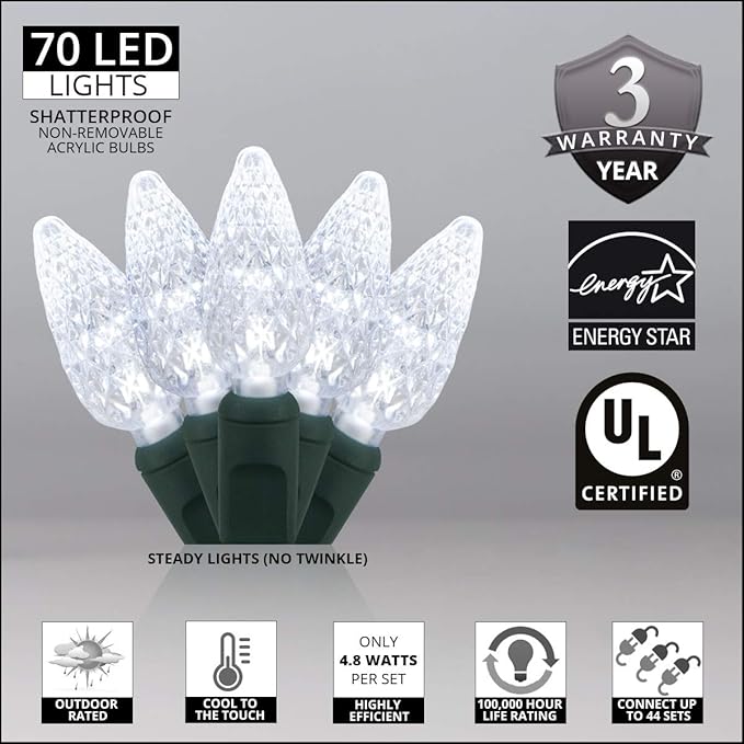 24 ft 70 Count C6 LED Cool White Christmas Lights, Green Wire Indoor/Outdoor Commercial Grade String for Holiday and Tree Lighting