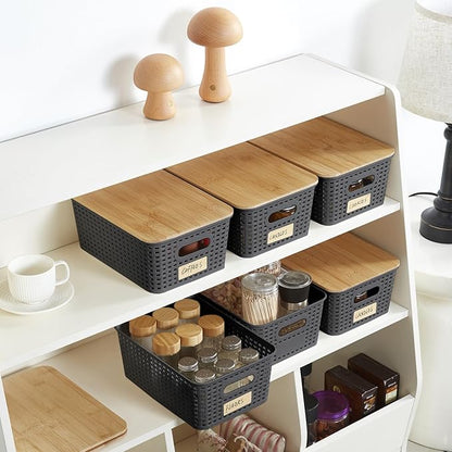Small Plastic Storage Bins with Bamboo Lids 5.2qt Stackable Box Basket Pantry Decorative Containers Cute with Lable for Organizing Desktop Closet Office Gray of 6 packs 10 * 7.2 * 4.1"