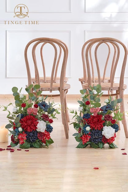 TINGE TIME Free-Standing Artificial Flower, Set of 2, Table Centerpiece with Rubber Pad, Silk Fake Flower for Wedding Centerpiece Archway Aisle Welcome Entrance (Red&NavyBlue)