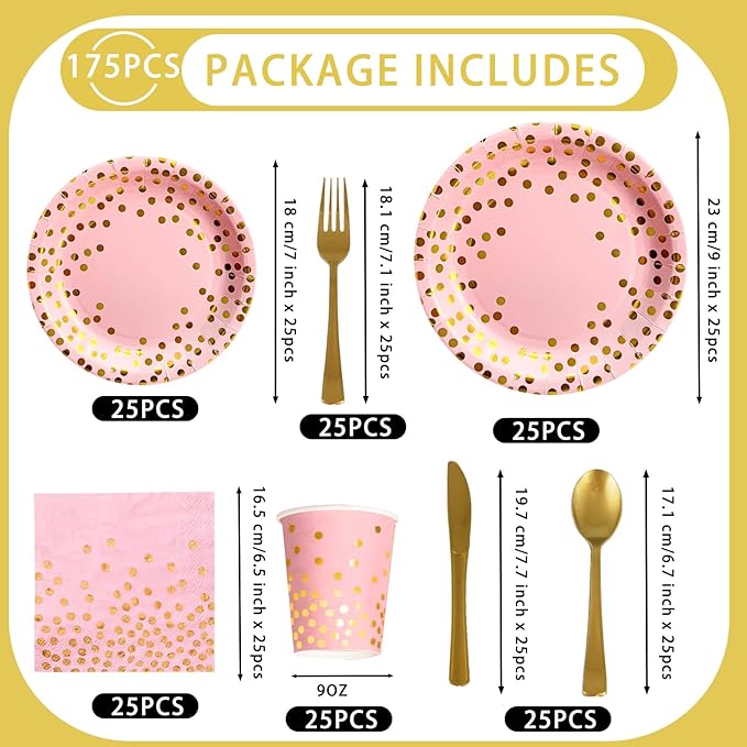 175 Pcs Pink Gold Paper Plates and Napkins Set,Disposable Dinnerware for 25 Guests for Party Wedding Birthday