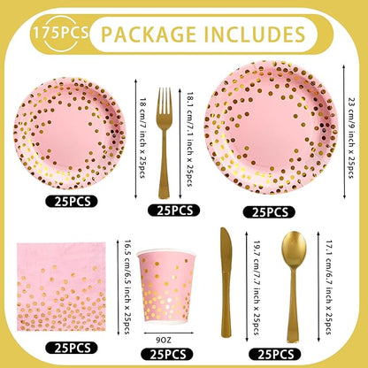 175 Pcs Pink Gold Paper Plates and Napkins Set,Disposable Dinnerware for 25 Guests for Party Wedding Birthday