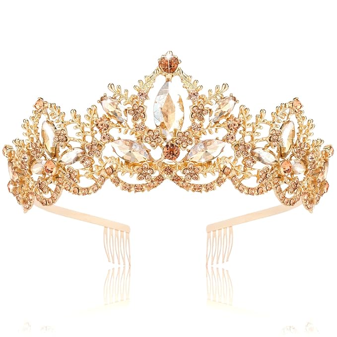 Gold Tiara for Women Champagne Crown for Girls with Comb Wedding Princess Birthday Crystal Rhinestones Headbands for Prom Bridal Party Halloween Costume Christmas Gift