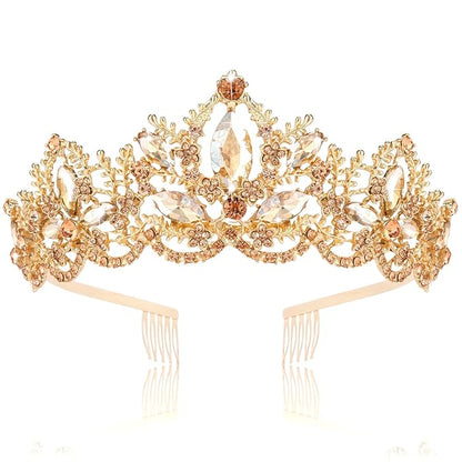Gold Tiara for Women Champagne Crown for Girls with Comb Wedding Princess Birthday Crystal Rhinestones Headbands for Prom Bridal Party Halloween Costume Christmas Gift