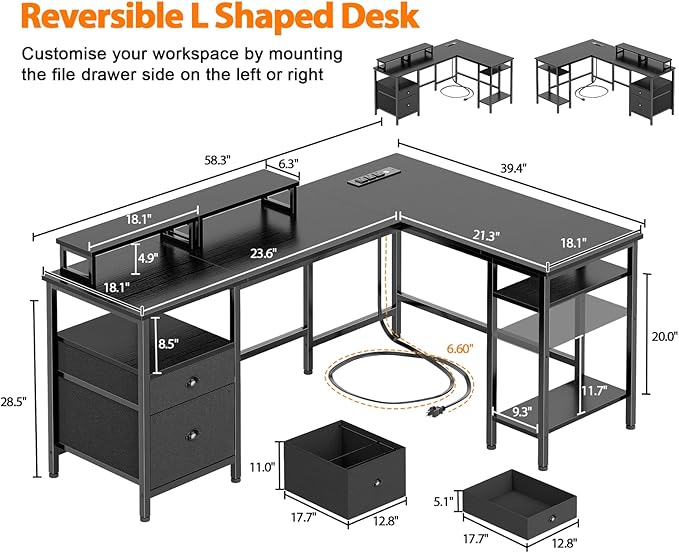 Furologee 59” L Shaped Desk with Power Outlet, Reversible Computer Desk with File Drawer & 2 Monitor Stands, Corner Home Office Table with Storage Shelves for Gaming Writing, Black