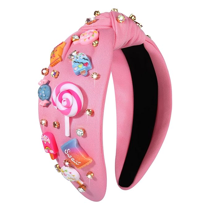 Knotted Headband for Women Lollipop Candy Charms Crystal Jeweled Embellished Top Knot Hairband Statement Wide Turban Hair Hoop Funny Gifts for Girls Sister Birthday Xmas Holiday Party