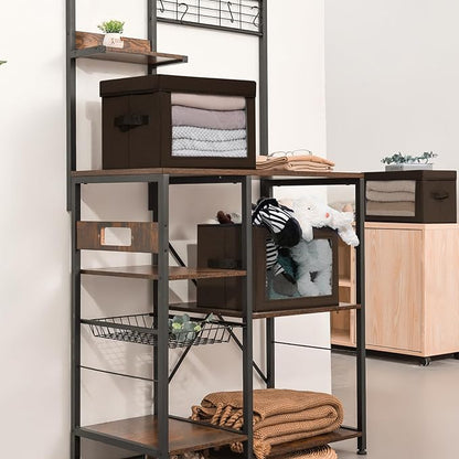 Stackable Storage Bins with Lids - Medium Storage Box with Lids, Foldable Closet Boxes for Organizing, Wardrobe Clothes Organizer with Window, Cubes Bins for Living Room, 5 Pack, Brown