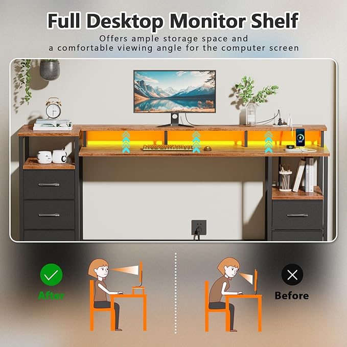 61 Inch Gaming Desk with Power Outlets and LED Lights, Reversible Computer Desk with 5 Fabric Storage Drawers, Home Office Desk with Monitor Stand for Working Writing Study, Rustic Brown
