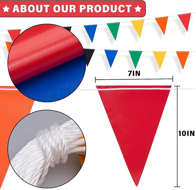 105ft Pennant Banner Flags, 7"x10" Fluorescent Multicolor Safety Flagging Warning Banner for Construction Site/Traffic Control/Boundary Barrier Signs, Perimeter Marking Flags on String, 45 Pcs