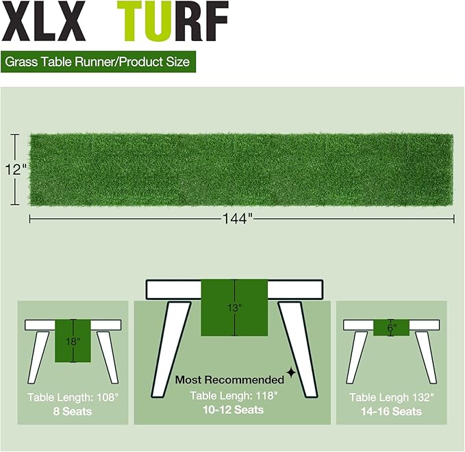 XLX TURF Green Christmas Faux Grass Table Runner 12 x 144 Inch, Artificial Turf Table Top Centerpiece Football Golf Theme Decor Birthday Party, Wedding, Baby Shower