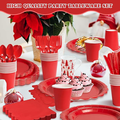 Vyntra 350 PCS Disposable Plates for Party, Paper Plates & Napkins Set with Cups, Knives, Forks, Spoons, 7'' Dessert and 9'' Dinner Plates for Birthday, Christmas, Valentine's Day - Red