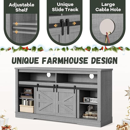 YESHOMY Fireplace TV Stand for Television up to 65+ Inch with Storage and Farmhouse Sliding Barn Doors, Entertainment Center with Cabinet and Shelves, Media Console for Living Room,Gray