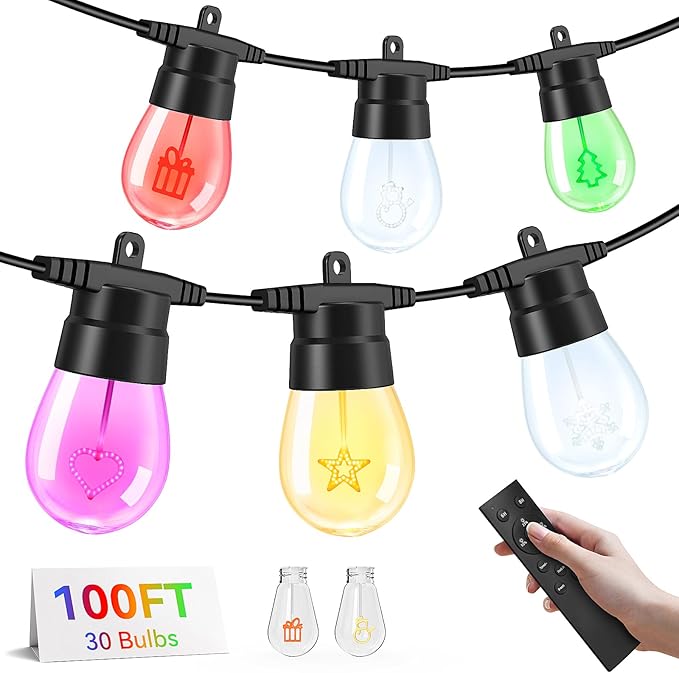 Brightever LED Outdoor String Lights 100FT Patio Lights with 32 S14 LED Edison Bulbs, Dimmable&Speed Adjustment, Plug in IP65 Waterproof Hanging Lights with Remote for Outdoor Indoor Christmas Decor