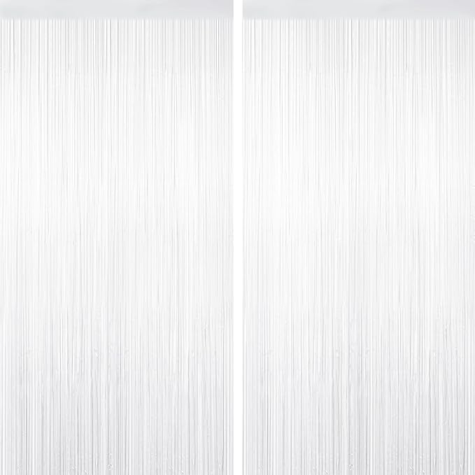 White Tinsel Backdrop Foil Fringe Curtains - 2 Packs Door Streamers Backdrop for Birthday Door Decorations, Party Supplies for Bachelorette, Graduation, Christmas, Disco Decor
