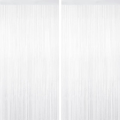 White Tinsel Backdrop Foil Fringe Curtains - 2 Packs Door Streamers Backdrop for Birthday Door Decorations, Party Supplies for Bachelorette, Graduation, Christmas, Disco Decor