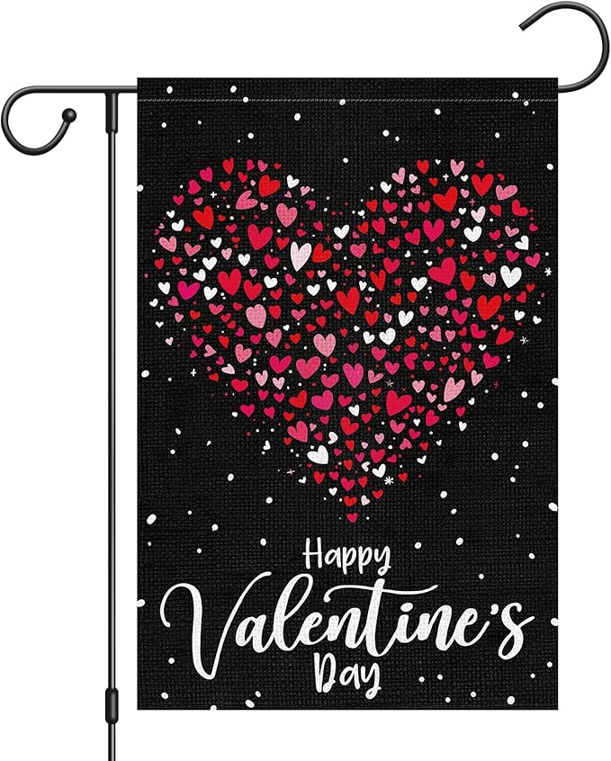 Heyfibro Happy Valentine's Day Garden Flag 12 x 18 Inch Double Sided Burlap, Love Heart Yard Flag Valentine’s Party Supplies for Anniversary Wedding Home Outdoor Decoration (ONLY FLAG)