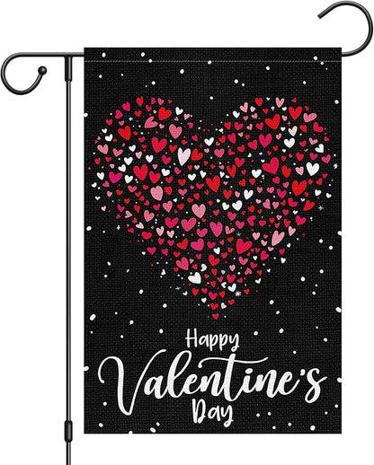 Heyfibro Happy Valentine's Day Garden Flag 12 x 18 Inch Double Sided Burlap, Love Heart Yard Flag Valentine’s Party Supplies for Anniversary Wedding Home Outdoor Decoration (ONLY FLAG)