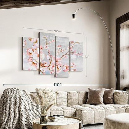 Elephant Stock Spring Cherry Blossoms Wall Art - Horizontal Canvas - 4-Piece Living Room Wall Decor - Painting Floral and Botanical Canvas Print - Pink and Brown Decor for Wall by Eva Watts - 68" X 42"