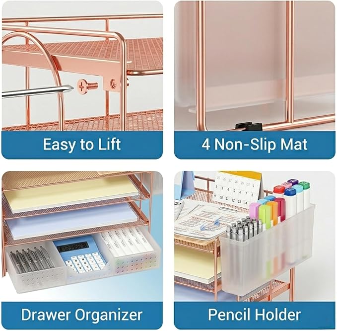 Desk Organizer, 4-Tier Paper Organizer Letter Tray with File Holder, Drawer and 2 Pen Holders, Desktop File Organizer for Office Supplies, Workspace Storage, Rose Gold