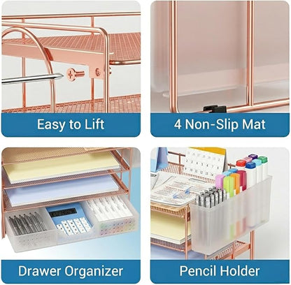 Desk Organizer, 4-Tier Paper Organizer Letter Tray with File Holder, Drawer and 2 Pen Holders, Desktop File Organizer for Office Supplies, Workspace Storage, Rose Gold