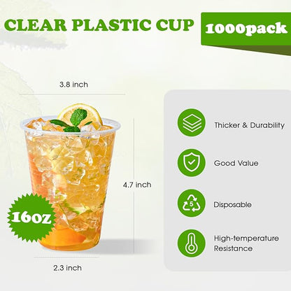 Lilymicky 1000 PACK 16 oz Clear Plastic Cups, Cold Disposable Party Drinking Cups for Parties, Picnic, BBQ & Events