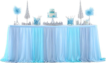 Tulle Table Skirt Blue Tutu Striped Table Skirts for Rectangle Tables Baby Shower Under the Sea Baby Shark Birthday Parties Decoration 9ft