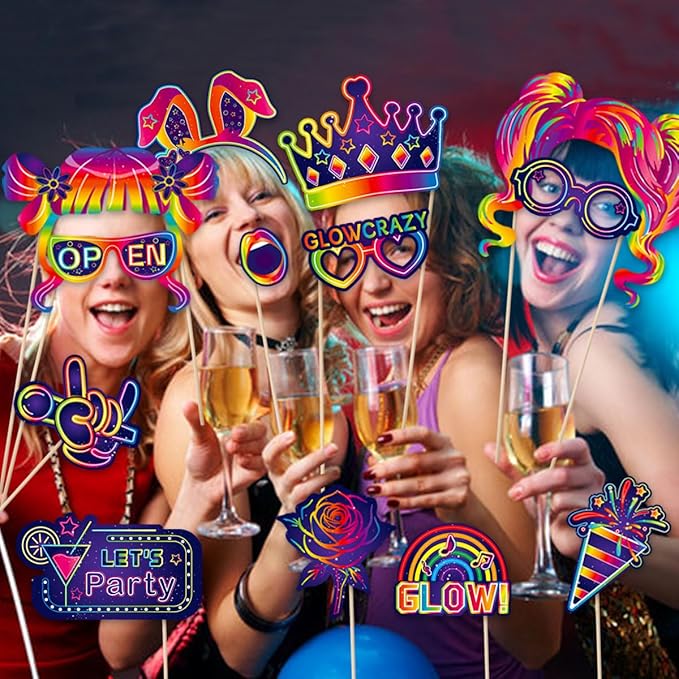 25pcs Glow Neon Photo Booth Props with Sticks | Let's Glow Themed Party Supplies for Birthday, Disco, Black Light & Neon Glow Parties | 25 Designs (Hats, Glasses, Balloons & More)