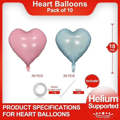 Pink Heart Shaped balloons Pack of 10,18 Inch Love Valentine Balloons Blue Heart Romantic Balloons For Valentines Day Propose Marriage Wedding Bridal Shower Engagement Party Decorations