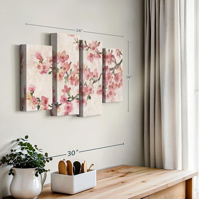 Elephant Stock Cherry Blossom Composition I Wall Art - Horizontal Canvas - 4-Piece Living Room Wall Decor - Branch Painting Canvas Print - Pink and Green Decor for Wall by Tim O'Toole - 24" X 14"