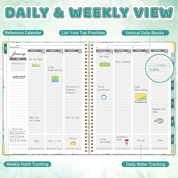 Daily Planner 2026, 8.5" x 11", Weekly & Monthly Planner from JAN.2026 to DEC.2026, Column View Calendar Organizers, Spiral Hardcover Agenda Book with Tabs for Office School Supplies, Leaves