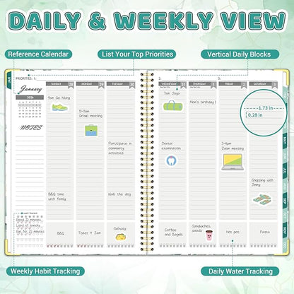 Daily Planner 2026, 8.5" x 11", Weekly & Monthly Planner from JAN.2026 to DEC.2026, Column View Calendar Organizers, Spiral Hardcover Agenda Book with Tabs for Office School Supplies, Leaves
