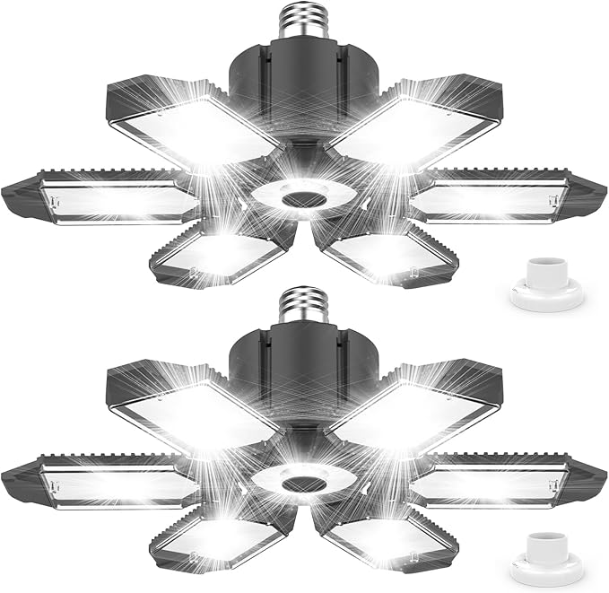 Led Garage Lights 2 Pack 200W Super Bright Ceiling Led Shop Lights, E26/E27 Base, 6500K, 22000LM Deformable Light Ideal for Basement, Attic and Workshop