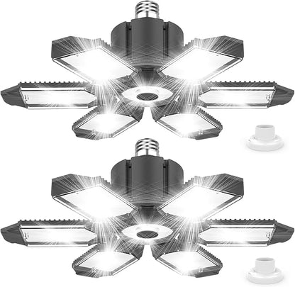 Led Garage Lights 2 Pack 200W Super Bright Ceiling Led Shop Lights, E26/E27 Base, 6500K, 22000LM Deformable Light Ideal for Basement, Attic and Workshop