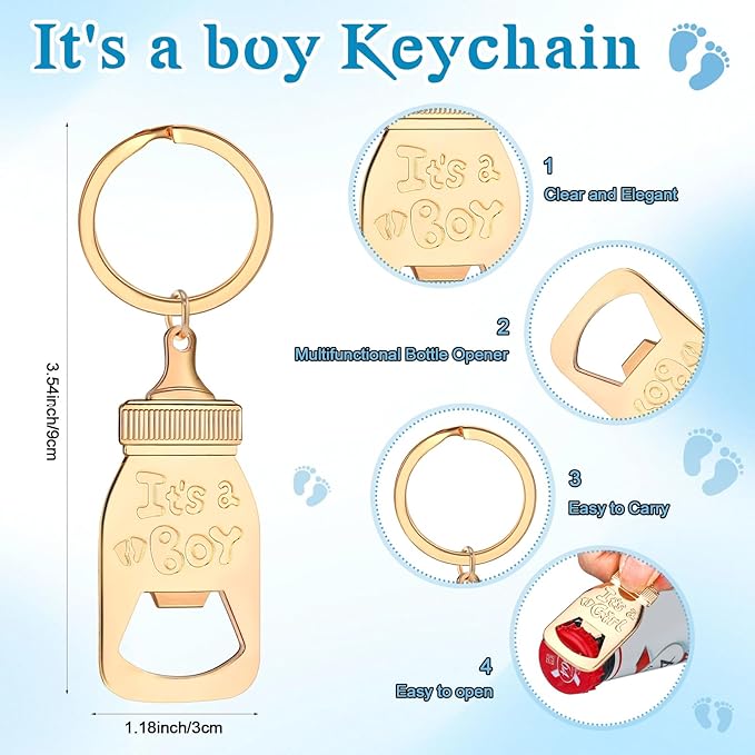 Vesici 25 Sets Baby Shower Party Favors Bottle Openers Keychains Stainless Steel Shot Thank You Tags Organza Bags Gender Reveal Favors for Guests Wedding Baby Shower Return Gift Girl Boy (Boy)