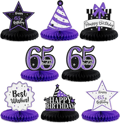 Happy 65th Birthday Decorations,65th Bday Purple Glitter Shiny Stand Honeycomb Table Centerpieces - Cheers to 65 Years Old Birthday Party Photoprop Gift Sign.