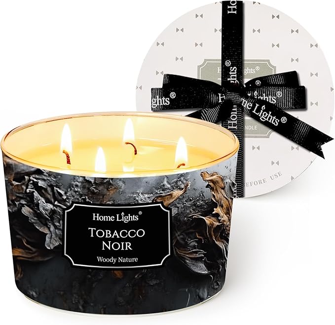 HomeLights Scented Candles for Women & Men, 18oz Candle Jars Aromatherapy 4-Wick Candle, Ideal for Industrial Chic Home Decor and Gifts, Tobacco Noir Fragrance