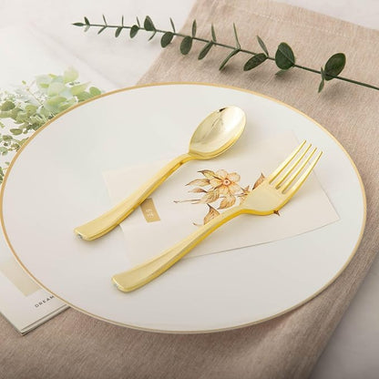 N9R 100PCS Gold Plastic Silverware, Heavy Duty Disposable Cutlery Set for Parties, Disposable Plastic Spoons and Forks Includes 50 Gold Spoons and 50 Forks for Weddings, Birthday, Dinners