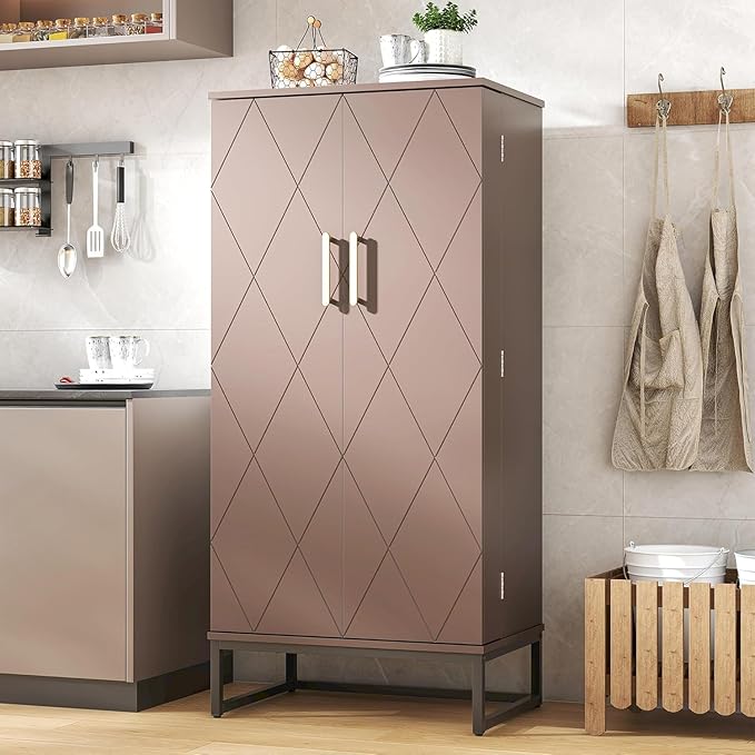 51” Kitchen Pantry Storage Cabinet, White Freestanding Pantry Cabinets with Doors and Adjustable Shelves, Buffet Cupboards Storage Cabinet for Home Office Use, Dinning Room(Brown)