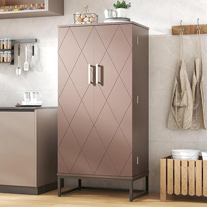 51” Kitchen Pantry Storage Cabinet, White Freestanding Pantry Cabinets with Doors and Adjustable Shelves, Buffet Cupboards Storage Cabinet for Home Office Use, Dinning Room(Brown)