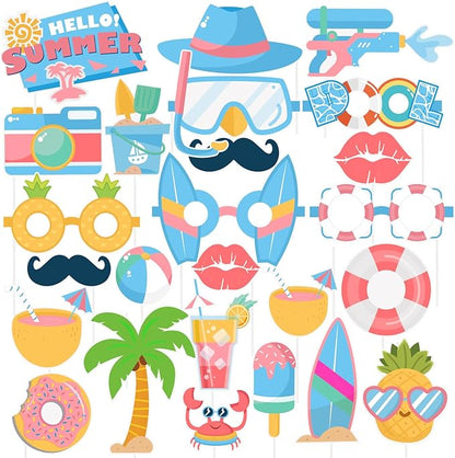 SUNBEAUTY 25 Pcs Beach Photo Booth Props Summer Party Decorations Beach Party Decorations Beach Decorations Pool,Hawaiian,Luau Photo Booth Props