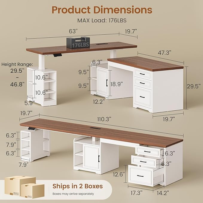 SEDETA Farmhouse L Shaped Electric Standing Desk, 63" x 67" Height Adjustable Home Office Executive Desk with Drawers and Shelves, Standing Computer Desks with Power Outlet for Home Office, White