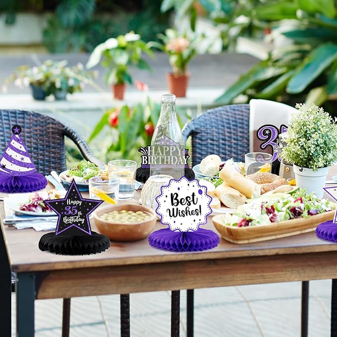 Happy 35th Birthday Decorations,35th Bday Purple Glitter Shiny Stand Honeycomb Table Centerpieces - Cheers to 35 Years Old Birthday Party Photoprop Gift Sign.