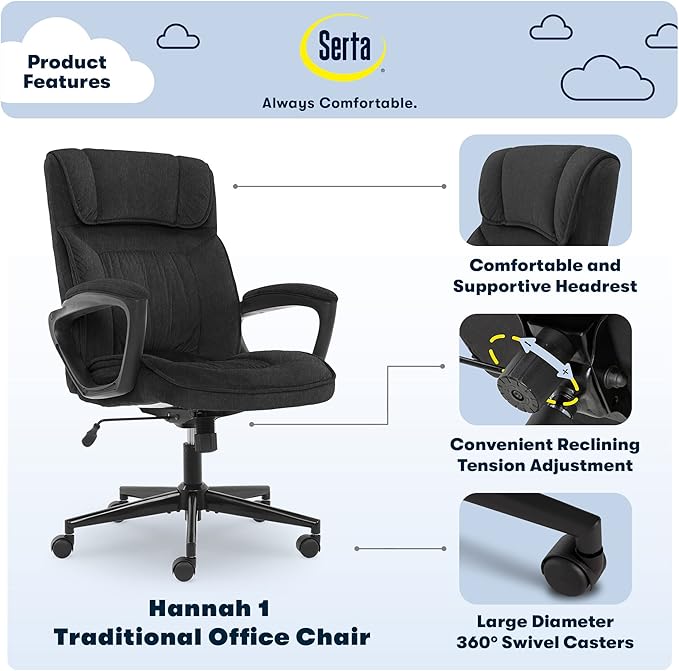 Serta® Hannah Executive Home Office Desk Chair, Ergonomic Mid-Back with Lumbar Support, Firm Seat Cushion, Layered Body Pillows, Padded Armrests, Swivel Base, Easy Assembly, Microfiber, Charcoal Gray