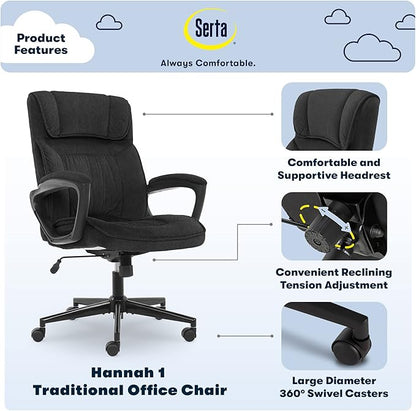 Serta® Hannah Executive Home Office Desk Chair, Ergonomic Mid-Back with Lumbar Support, Firm Seat Cushion, Layered Body Pillows, Padded Armrests, Swivel Base, Easy Assembly, Microfiber, Charcoal Gray