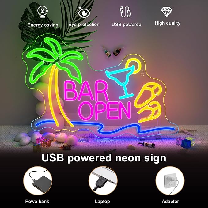 Lucunstar Neon Bar Sign LED Beer Sign USB Powered with Coconut Tree Slipper Wine Glass Bar Open Light Up Pub Party Man Cave Vacation Hotel LED Beer Neon Light Art Decor Gifts for Birthday Christmas